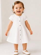Baby Girls 100% Organic Cotton White Snap Front Dress 12M~18M Made in USA