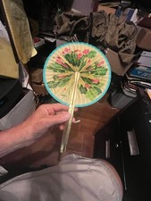 Vintage woman's ladies Folding Fan Novelty mint gold tone case birds  flowers