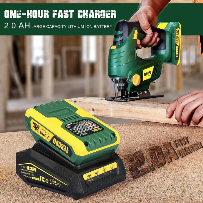 TECCPO 20V MAX Cordless Jigsaw with Variable Speed Control 2.0Ah Battery 6Blades