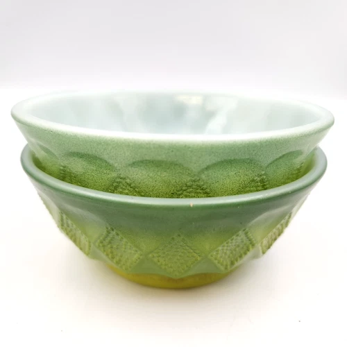 Anchor Hocking Fire King Kimberly Diamond Bowls 5in Green Ombre Set of 2 Vintage