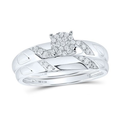 STERLING SILVER ROUND DIAMOND CLUSTER MATCHING WEDDING RING SET 1/4 CTTW