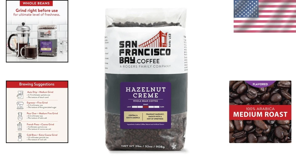 Sustainable Hazelnut Crème Whole Bean Coffee - Medium Roast 2 lb Bag of Goodness - Image 2 of 4