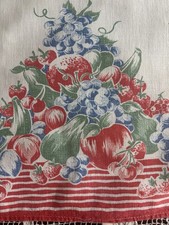 Vintage 1950s Fruit & Stripe GLOWTEX Tea Towel Red, White, Blue Cottage Farm
