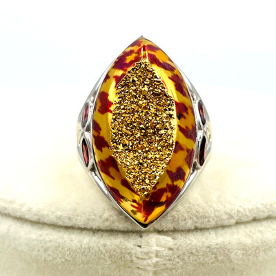 Sajen Silber Fenster Druzy Astral Leopard Ring Gold Granat Gr. 10 Heilung Boho