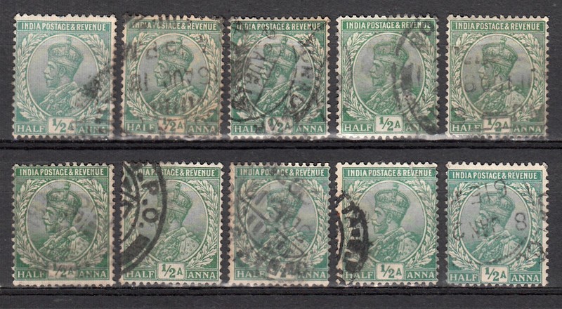INDIA 1911 KGV GEORGE V DEFINITIVE 1/2a VALUE WHOLESALE LOT OF 10 SCOTT 81 USED
