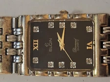 Elgin Rectangular Face Design Stainless Steel DiamondQuartz Watch Pre-Owned Gift