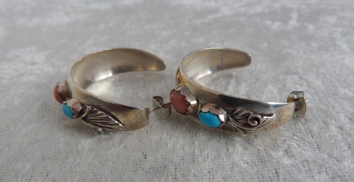 OLD CARLISLE JEWELRY STERLING SILVER CORAL TURQUOISE PIERCED POST HOOP EARRINGS - Imagen 4 de 4