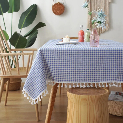 Nordic Plaid Fresh Tablecloth with Lace Hem Cotton Linen Map for Desk Soft Cover - Bild 9 von 32