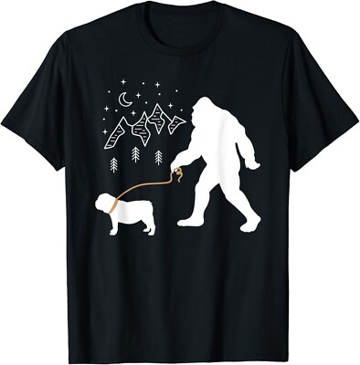 Bigfoot Walking a English Bulldog Dog Funny Gift Unisex T-Shirt