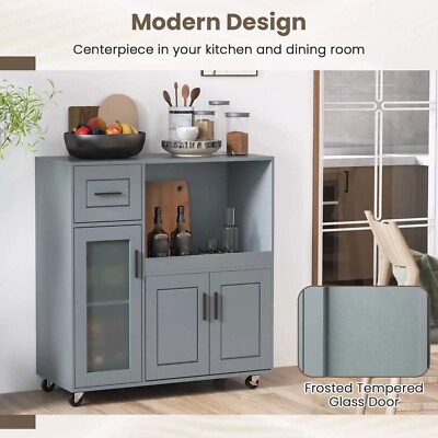 Kitchen Island Cart on Wheels Microwave Cabinet with Frosted Tempered Glass Door