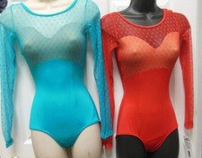 Body Wrappers P1111 Premiere line longsleeve lowback sheer lace leotard 2 clrs