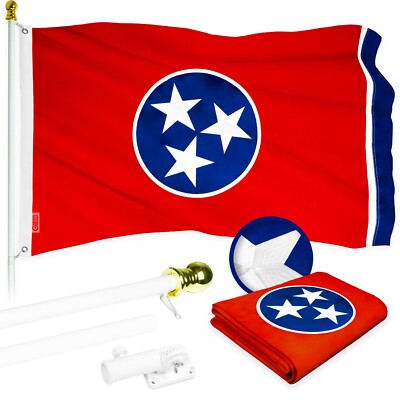 NEW G128 Tennessee Flag & Flagpole Set, 6FT White Pole and 3x5FT Emb Flag