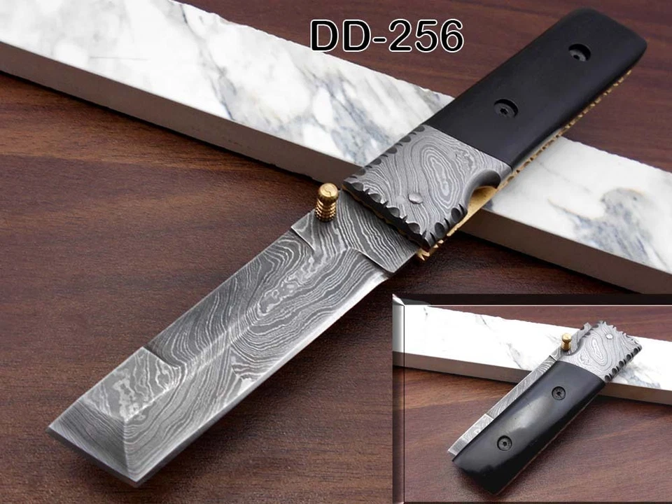 Cuchillo Plegable Hoja Tanto 7.5", Acero Damasco Forjado a Mano, Funda Cuero Vaca Foto 3 de 4