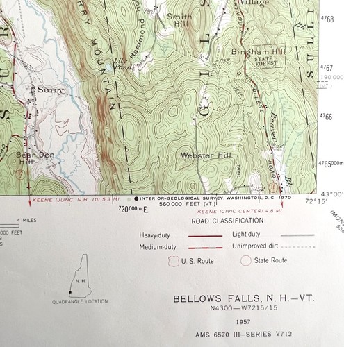 Map Bellows Falls NH Vermont 1957 Topographic Geo Survey 1:62500 22 x 18" TOPO3 - Foto 1 di 2