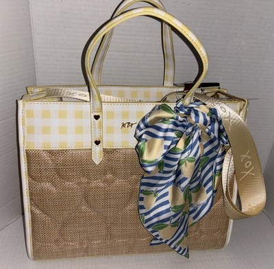 Betsey Johnson Straw Yellow Gingham Hearts Tote Handbag XOBECA Lemons Scarf