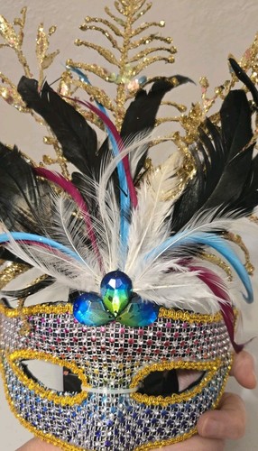Mask Mardi Gras Harlequin Ball Sequin Feathered Mask Rainbow Festival - Picture 8 of 9