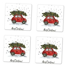 Christmas Coaster Set of 4, Red Retro Style Car Xmas Standard Size Red Green