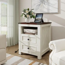 Farmhouse End Table with Charging Station, Side Table for Living Room, Sofa Side