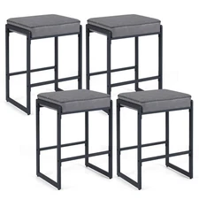 26” Bar Stools Set of 4 w/Faux Leather Upholstered Seat, Metal Legs, Footrests