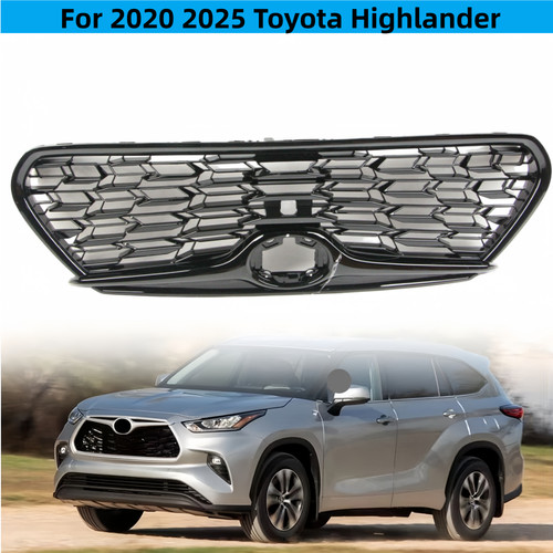 For 2020 2025 Toyota Highlander Front Bumper Upper Grille W Cam Opt Gloss Blac
