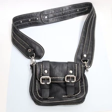 Hip Fanny Pack waist Bag Handbag S Black Faux Leather Wide Strap Buckles Pouch