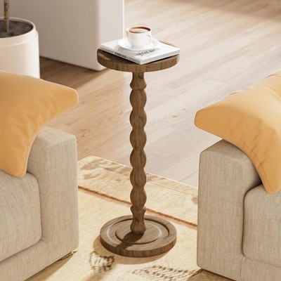 Rubber Wood Round Side Table, Solid Small Drink 9.4''W x 23.8''H, Brown 