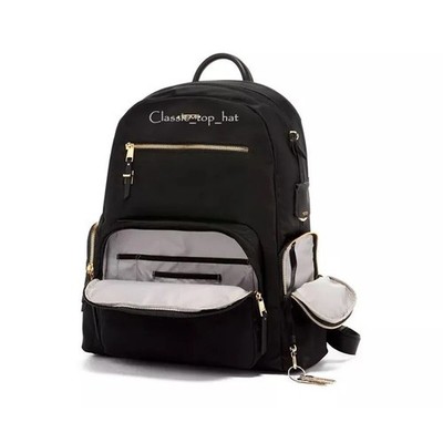 TuMi Voyager Karson Backpack Black Nylon Gold Hardware Laptop Travel Bag