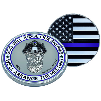 BL13-018 Thin Blue Line FDLE God Will Judge BEARD GANG SKULL Challenge Coin Spec