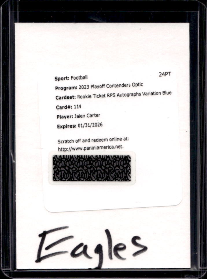 2023 Contenders Optic Jalen Carter Blue Prizm Variation Rookie Ticket Auto #/50
