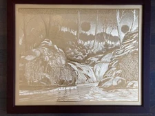 Manifestations Optical Illusionary Art 33” x 27” Gold Foil Scene With Waterfalls