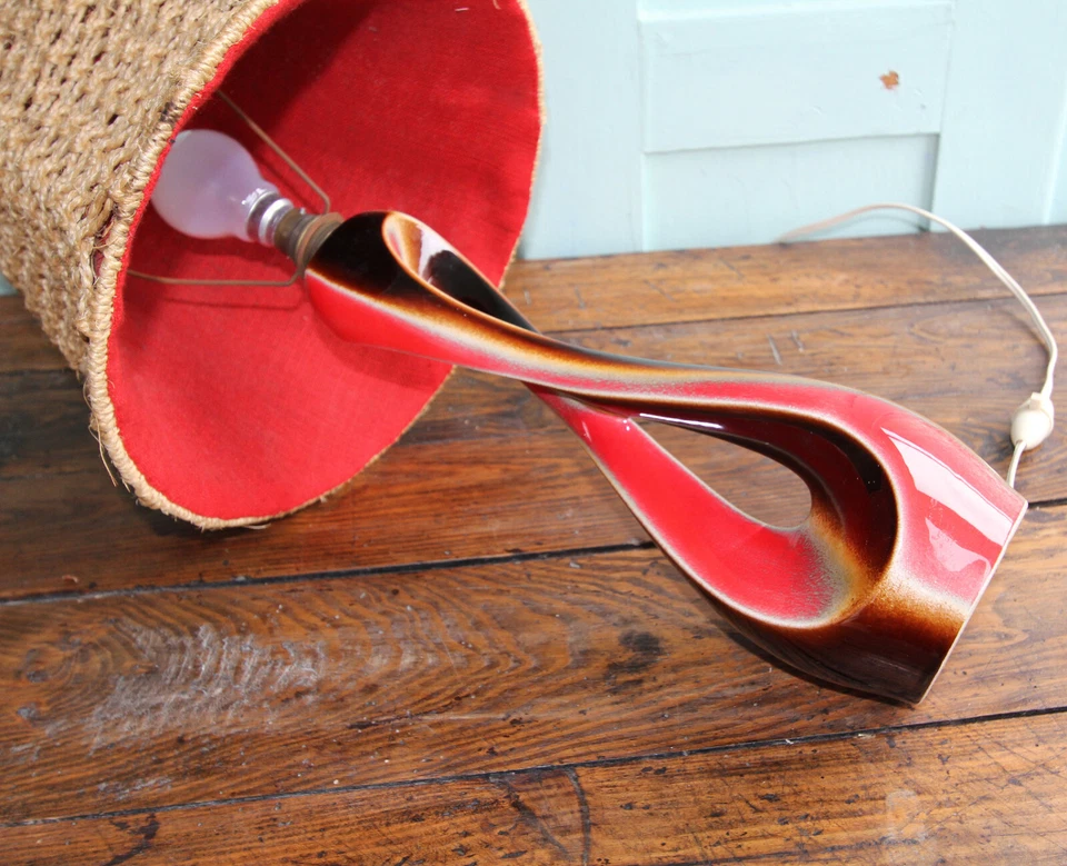 Lampe Céramique era Vallauris Abat-jour en corde et tissu Déco Vintage H.52cm - Photo 2/4