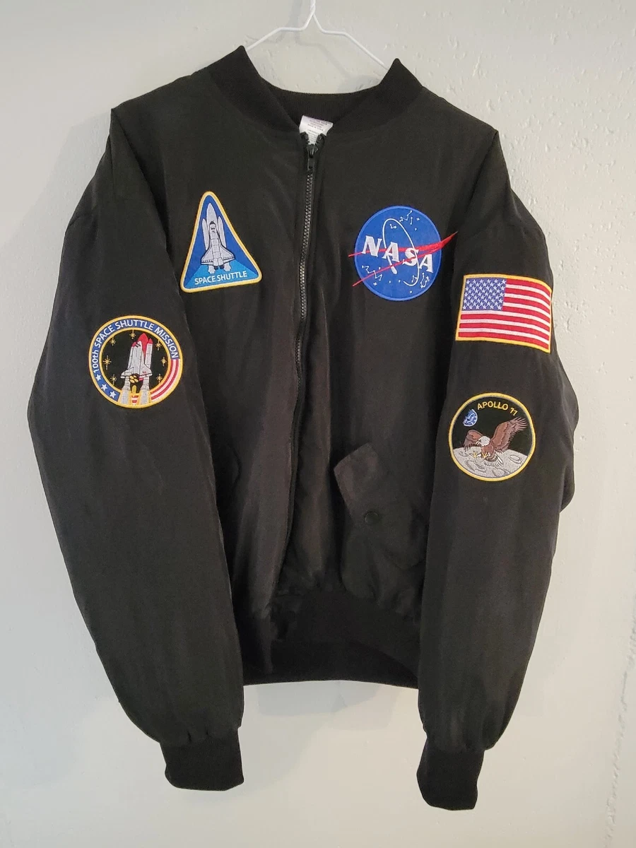 Spirit Halloween NASA Black Bomber Jacket Space Shuttle Patches