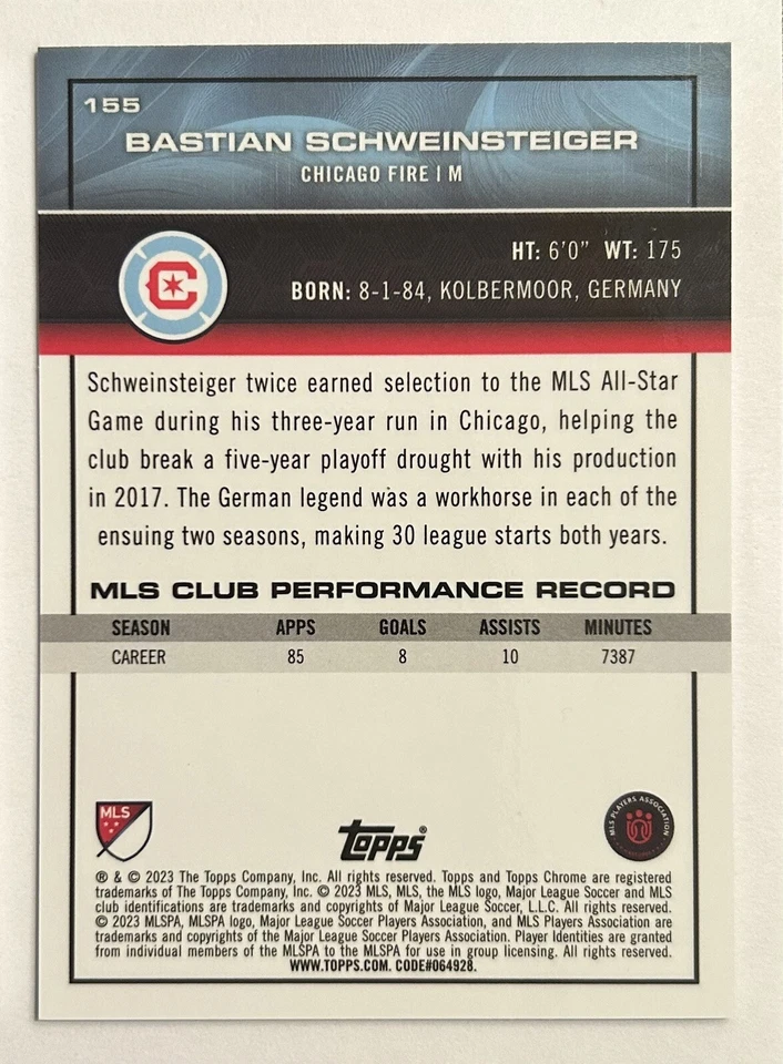2023 Topps Chrome MLS Bastian Schweinsteiger FLASHBACKS Green Refractor /99 - Image 2 of 2
