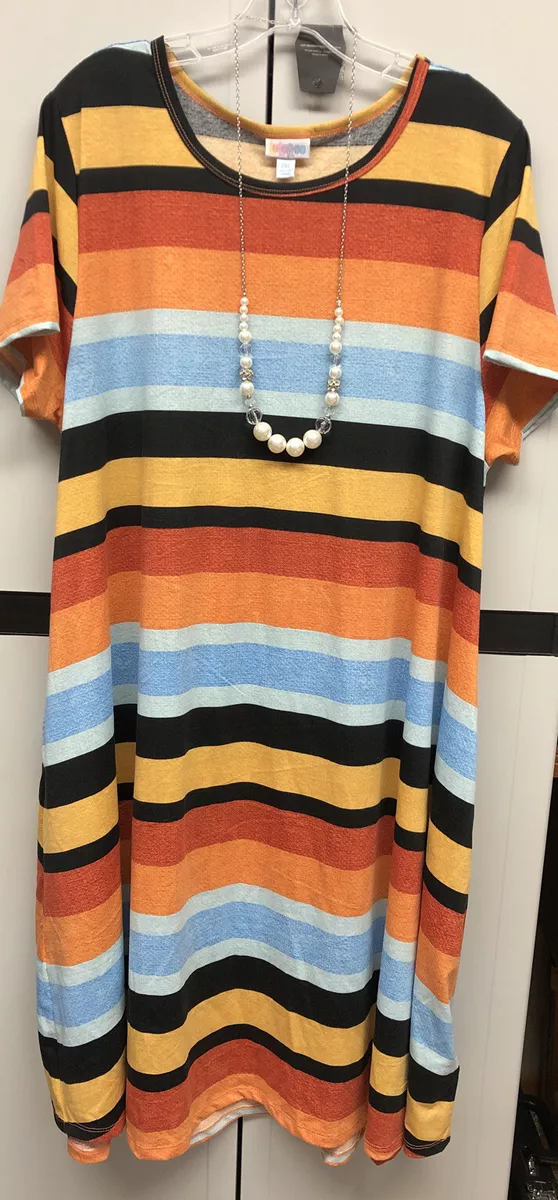 NWT LuLaRoe Large Black Blue Gold Orange Red Striped Jessie Swing