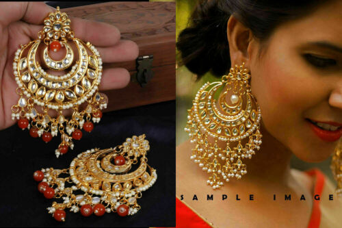 Conjunto de pendientes Jhumka pesados largos de Bollywood con perlas rojas... - Imagen 1 de 5
