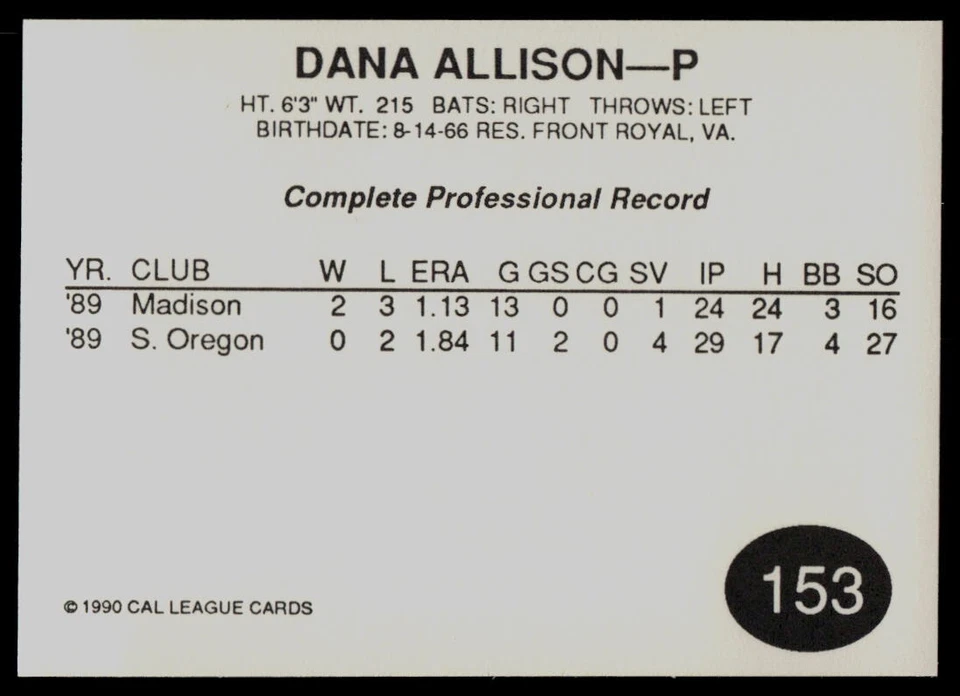 1990 Cal League Dana Allison  Modesto A's - Image 2 of 2