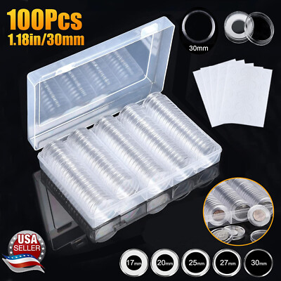 100Pcs 30mm 5 Sizes Coin Holder Clear Coins Case Capsules Holder Storage Box Set