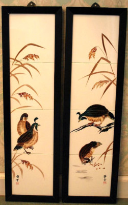  Set 2 CDGC Japan HAND PAINTED QUAIL BIRDS ART TILES Framed Porcelain SIGNED 