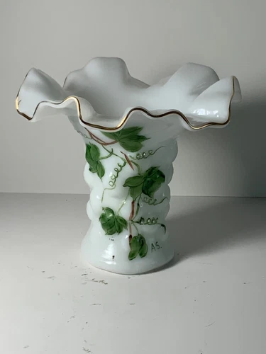 Vintage Bristol Milk Glass Hand Painted Ivy Ruffle Vase Signed 4.5 in.