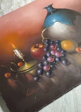 Vintage Still Life Oil Painting – Candle, Fruit & Vase – 20” x 16.5” – Signed