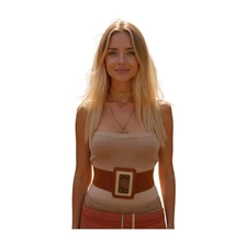 Women Brown Wide Elastic Hip Waist Belt Geometric Square Antique Gold Studs S M