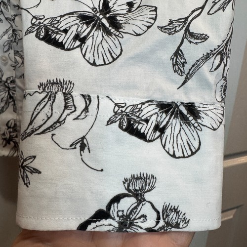 Talbots Non-Iron White Black Floral Butterfly Blouse Long Sleeve Stretch Size 14 - Picture 5 of 11