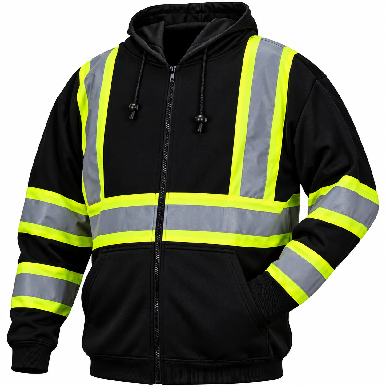 RSZH3411 Black Hi Vis Reflective Road Work Full Zip Up Hooded Fleece Sweatshirt - product detail image 2
