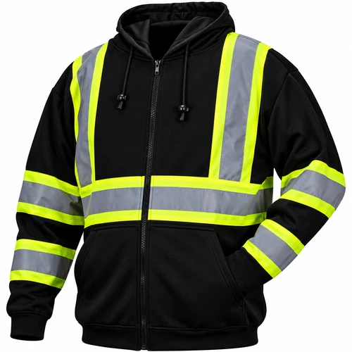 RSZH3411 Black  Hi Vis Reflective Road Work Full Zip Up Hooded Fleece Sweatshirt image 2