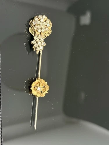 Vintage Miriam Haskell Unsigned Wire Beads Gold Rhinestone Floral Stick/Hat Pin