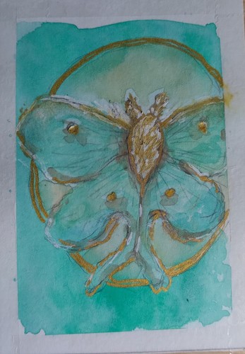 ACEO - Luna Moth With Gold Circle Watercolor, Oil Pastel, Gel Pen
