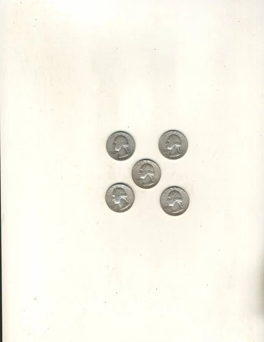 5 Washington Quarters, 1942, 1943, 1959, 1963, 1964 ,Good, Circulated 90% Silver