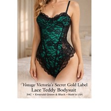 Vintage Victorias Secret Gold Label Teal Black Lace Teddy Bodysuit 34C Y2K USA