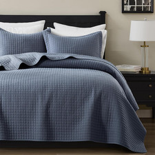 100 Cotton King Size Quilt Set - Dusty Blue Box Pick Stitch Soft Lightweight Be