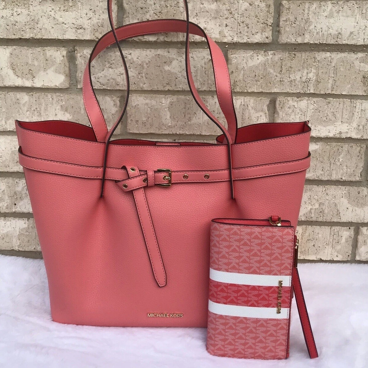 Michael Kors Emilia Large Triple Compartment Tote Grapefruit And Wallet